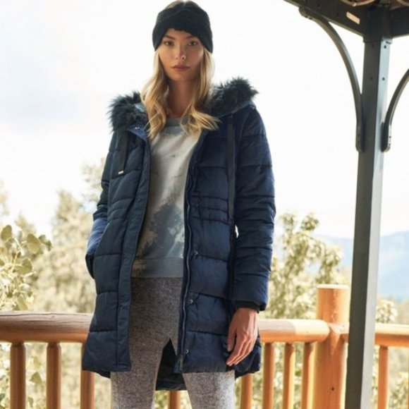 Navy Long Vegan Fur Hood Winter puffer Jacket - Picture 6 of 6